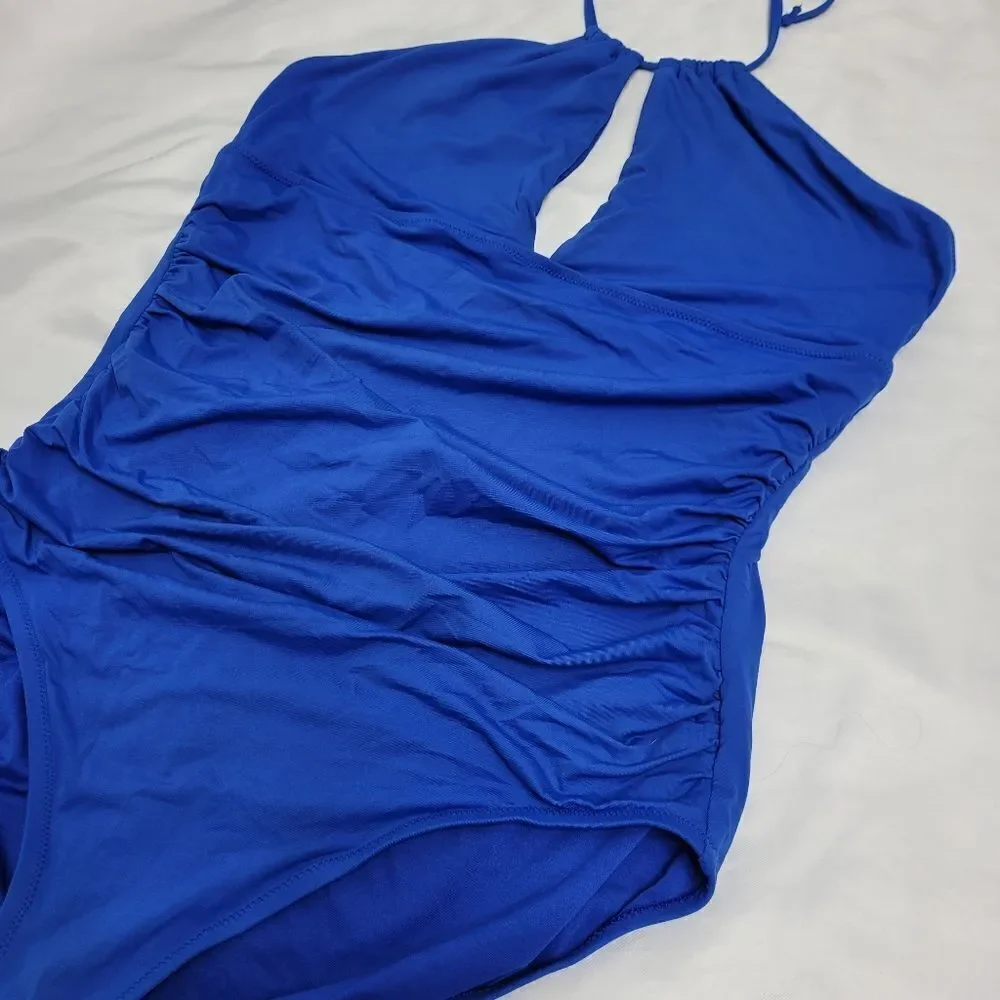 LOFT Beach blue cut out halter tie‎ top ruched side one piece swimsuit 16